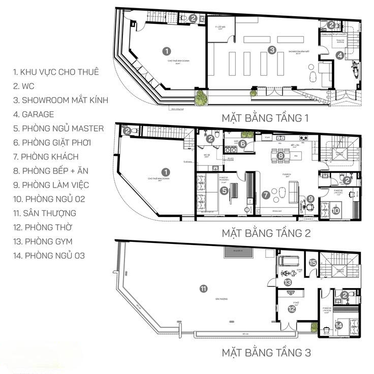 Mặt bằng nhà phố 3 tầng mặt tiền 8m