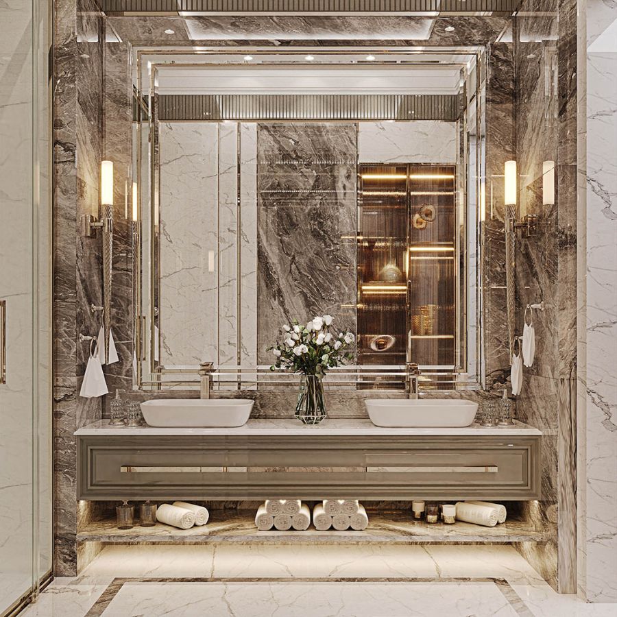 Không gian phòng tắm luxury với chất liệu đá cẩm thạch, kết hợp ánh sáng và đường nét đối xứng tạo nên vẻ đẹp sang trọng và đẳng cấp.