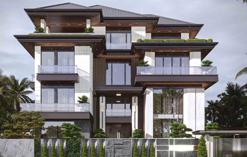 thiết kế biệt thự 4 tầng phong cách đông dương