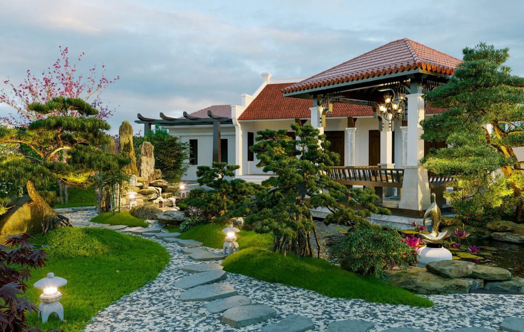 thiết kế biệt thự nhà vườn 1 tầng kiểu địa trung hải