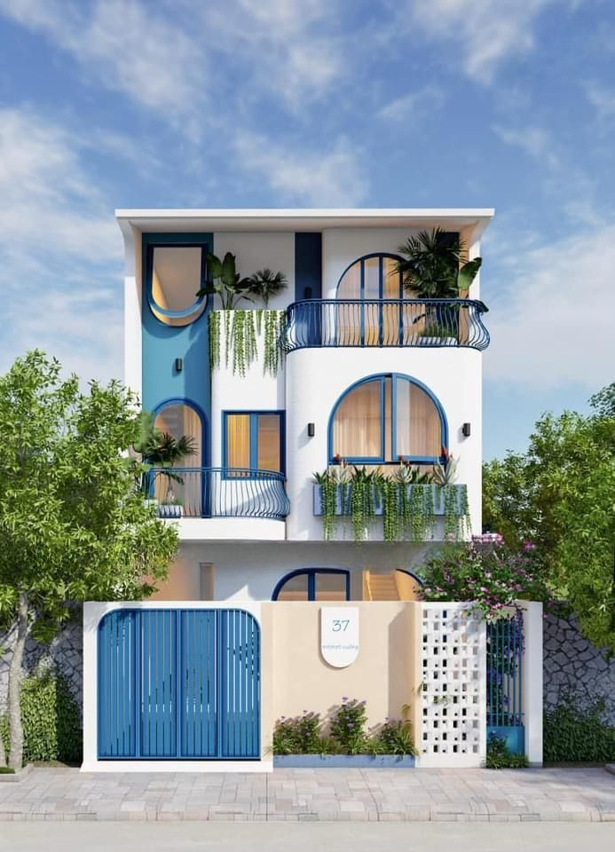 Mẫu thiết kế nhà 7x20 vừa ở vừa kinh doanh phong cách Địa Trung Hải