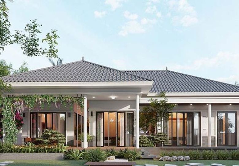 Mẫu biệt thự nhà vườn 1 tầng 4 phòng ngủ phong cách hiện đại