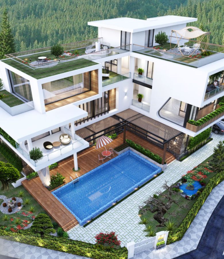 Thiết kế biệt thự 3 tầng có sân vườn trên mái