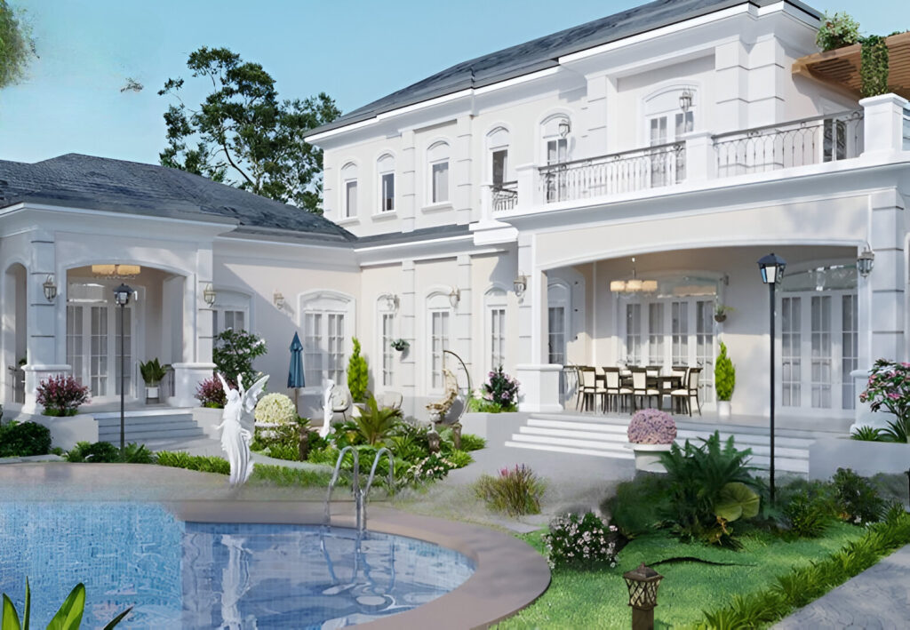 Mẫu biệt thự sân vườn tân cổ điển có hồ bơi