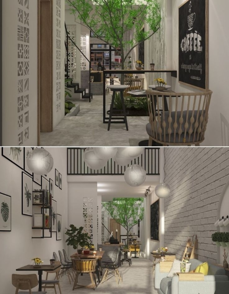 Không gian quán cafe nhỏ trước nhà ống 2 tầng hiện đại